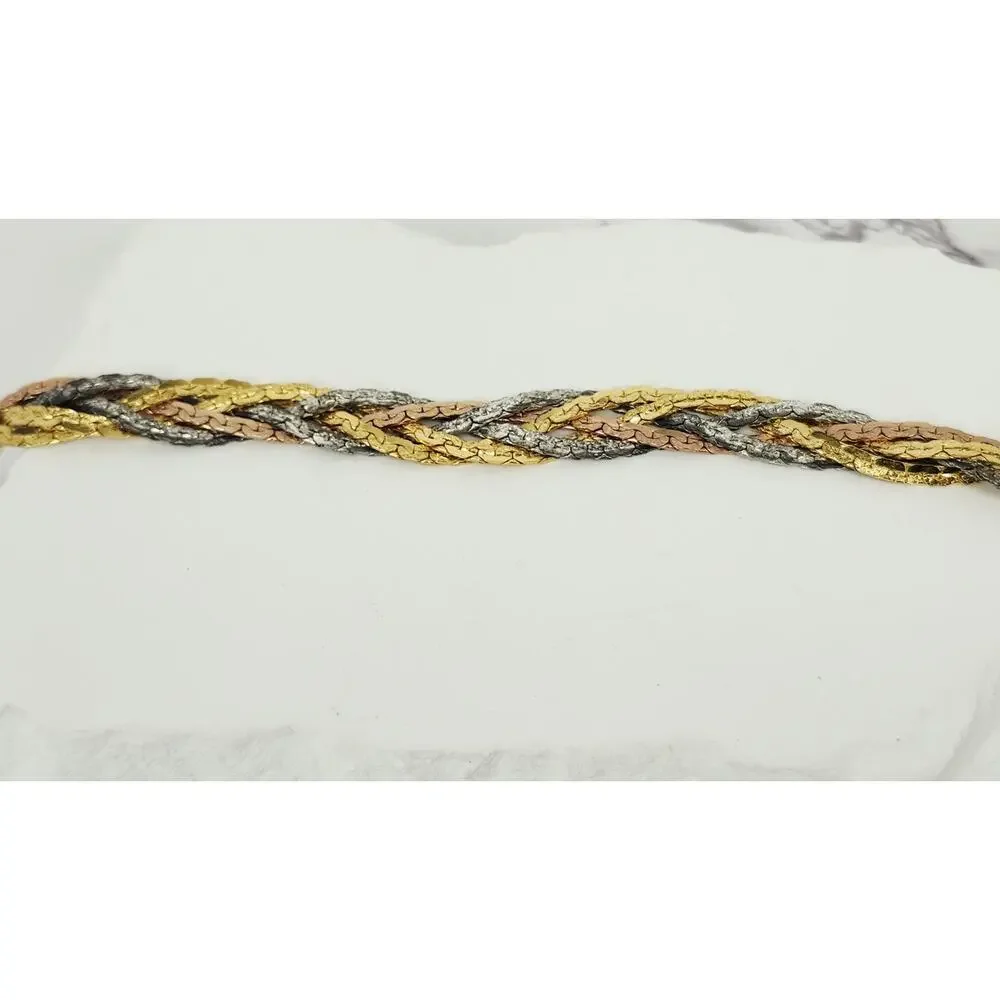 Vintage Tri-Color Braided Herringbone Chain Bracelet Gold Silver Rose 7.5